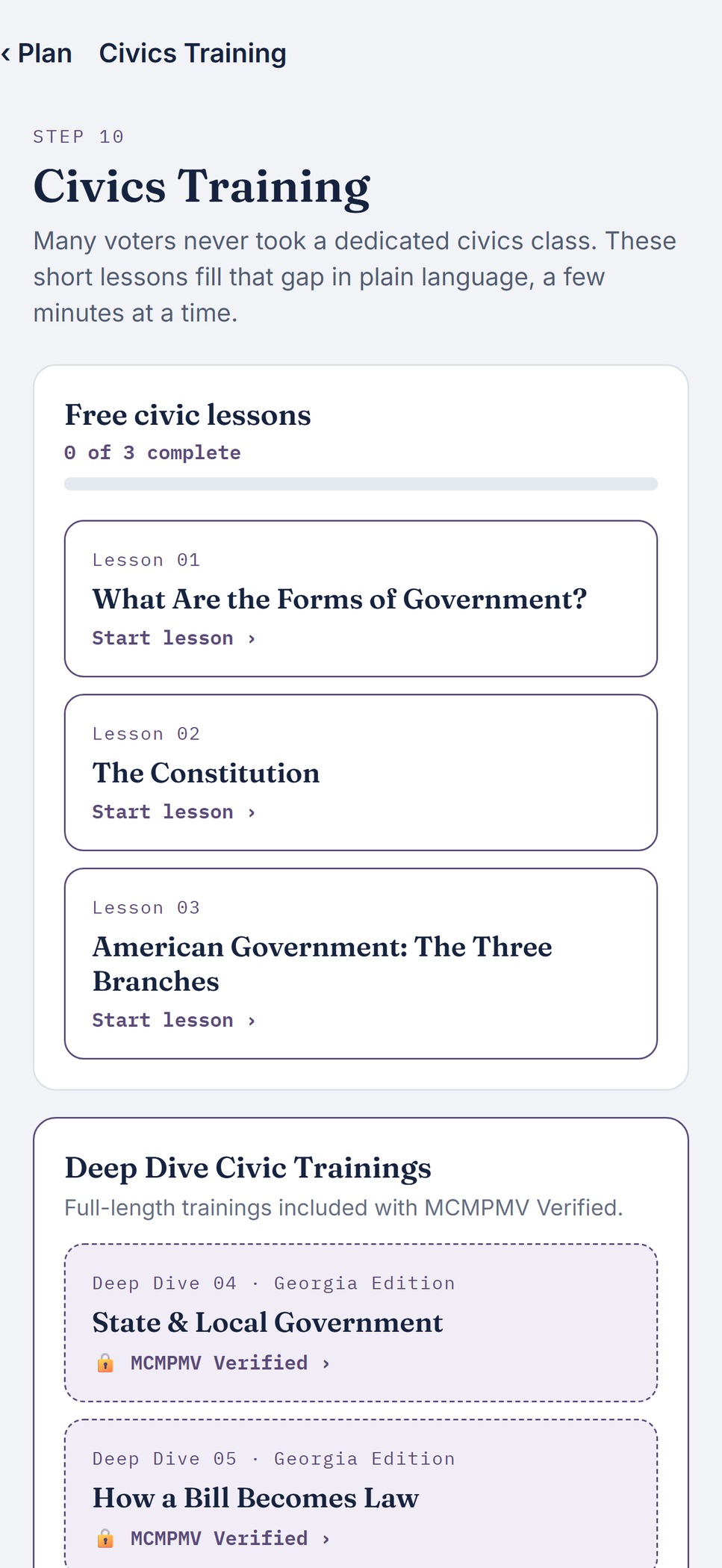 Free civics lessons in the MCMPMV app