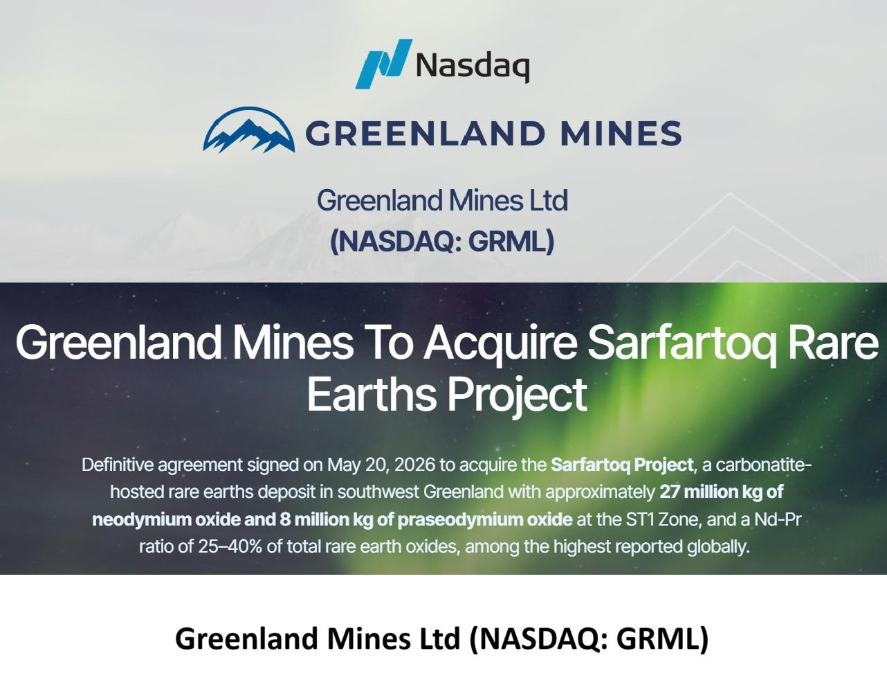 Greenland Mines Ltd (Nasdaq: GRML) $GRML